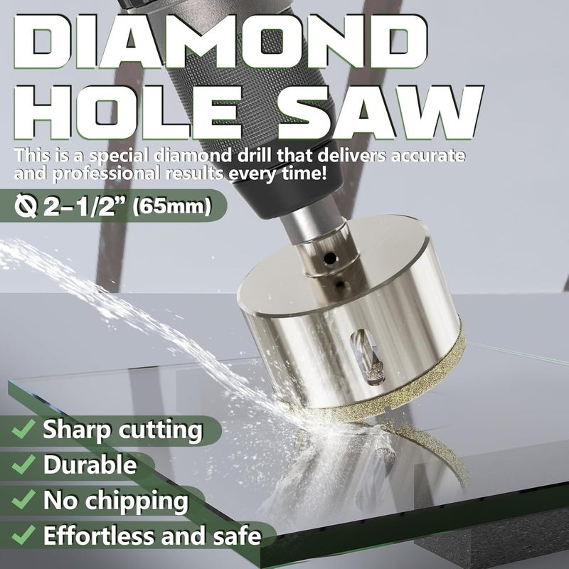CSOOM 2-1/2"(65mm) Diamond Hole Saw with Center Drill Bit, One-Touch Positioning, Easy to Penetrate Hard Materials Such as Ceramic, Tile, Glass, Granite, Marble, etc. - Image 3